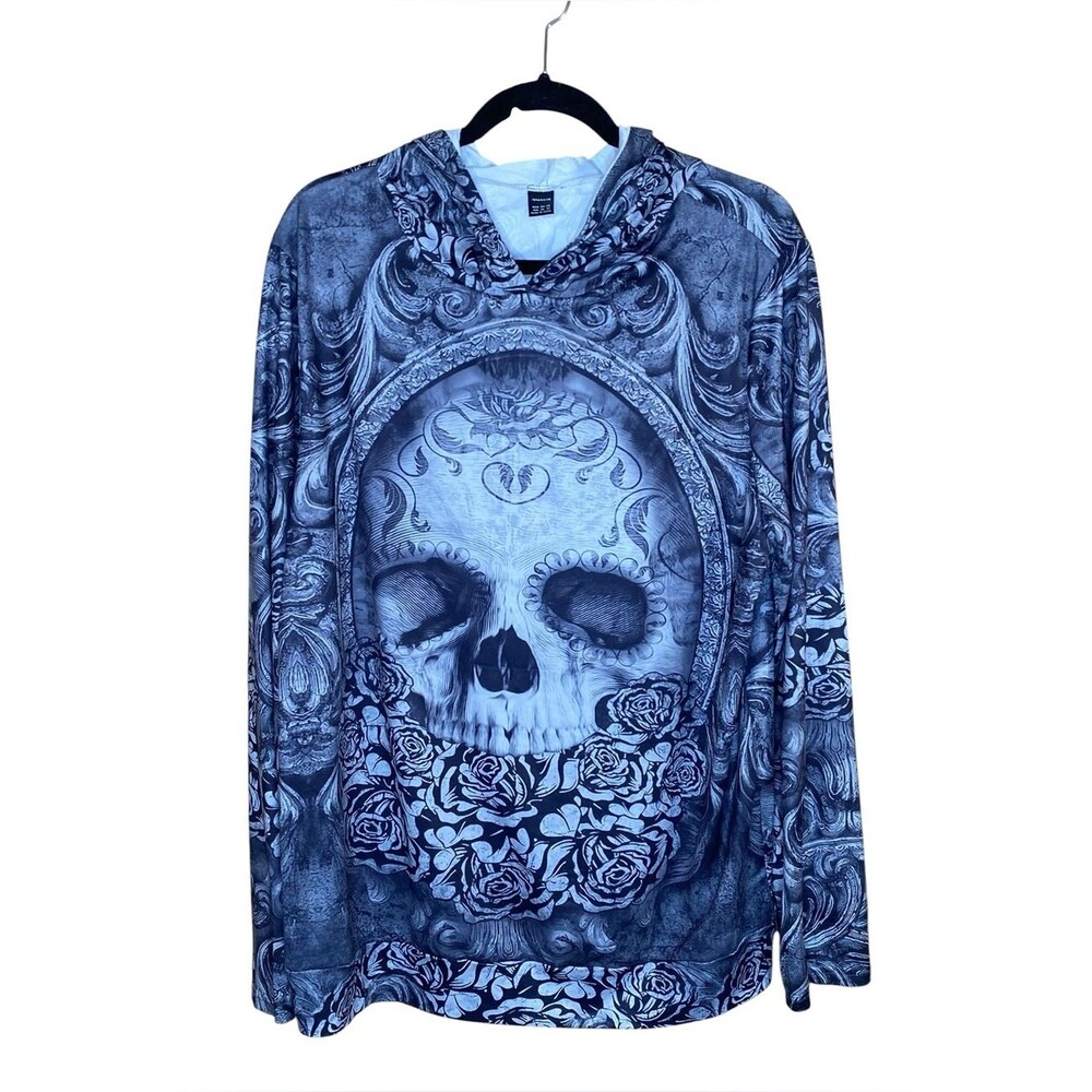 Ranlege Black Skull Print Gothic Pullover Hooded Long Sleeve Shirt Mens Size XXL